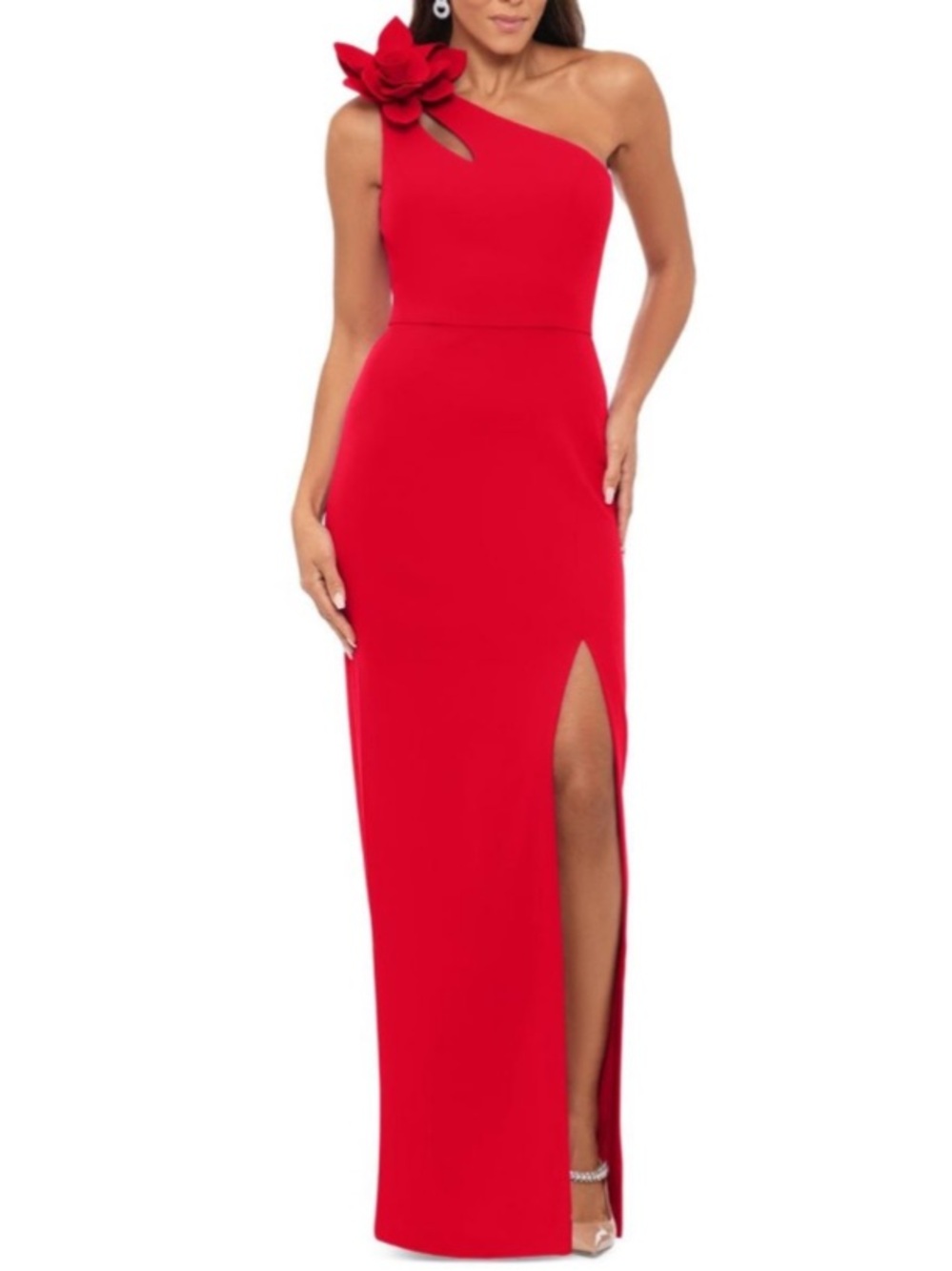 XScape Women's Red One-shoulder Flower Side-slit Dress size 14 NWT